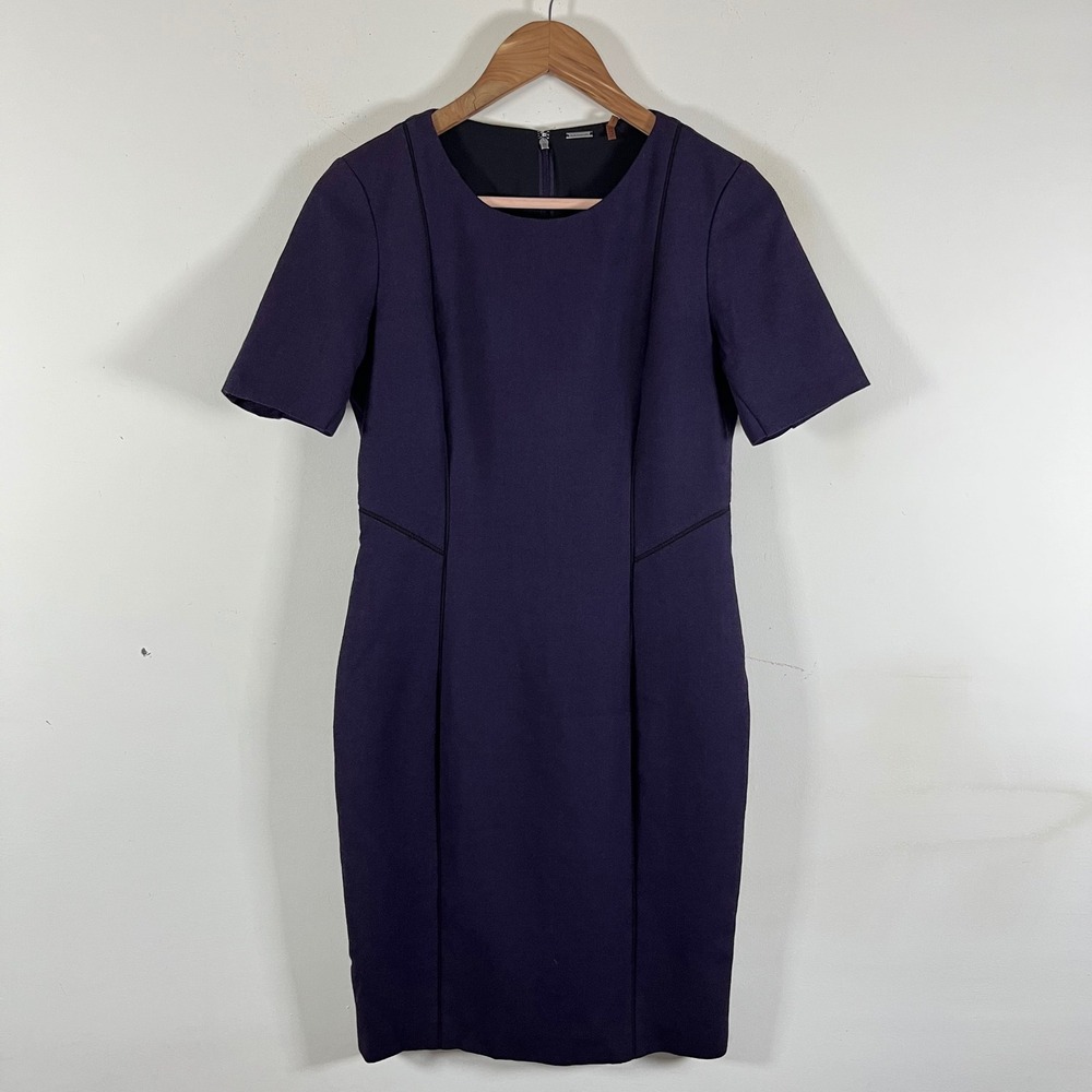Elie Tahari Wool Pencil Mini Dress Plum Purple Short Sleeves Lined Womens 6